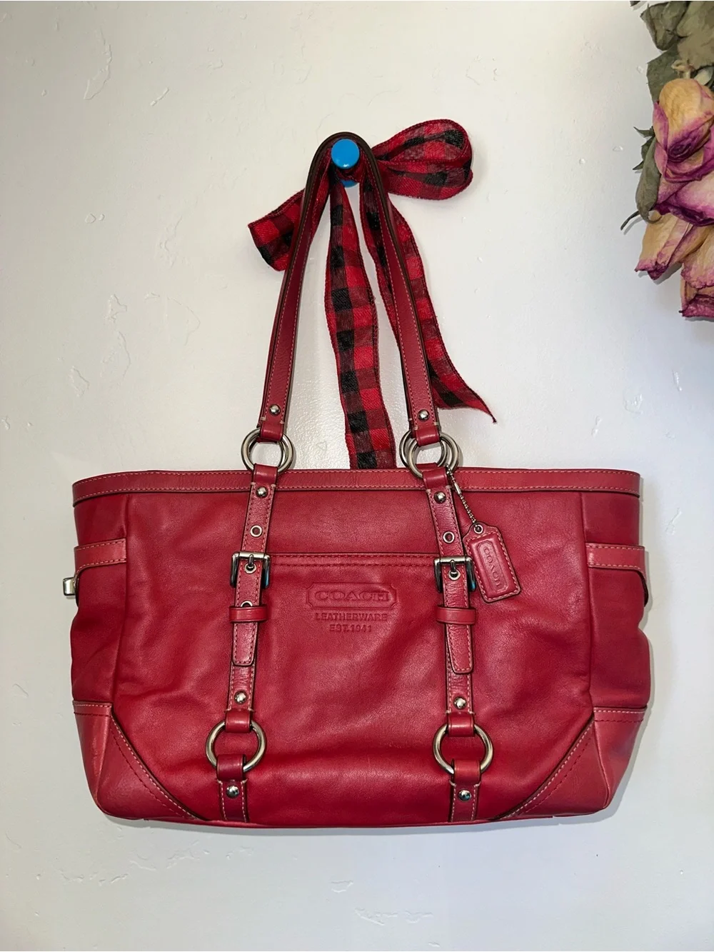 Coach Red Leather Tote with Double Strap Detail